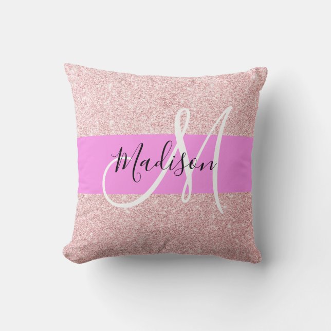 Glam  Gnistra Monogram för Rosa ros Guld Glitter Kudde (Framsida)
