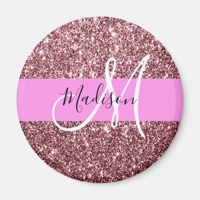 Glam  Gnistra Monogram för Rosa ros Guld Glitter Magnet (Framsidan)