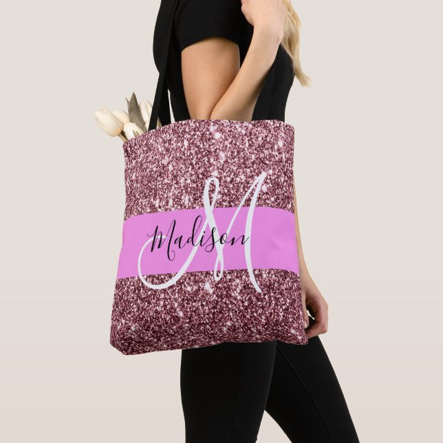 Glam  Gnistra Monogram för Rosa ros Guld Glitter Tygkasse (Närbild)