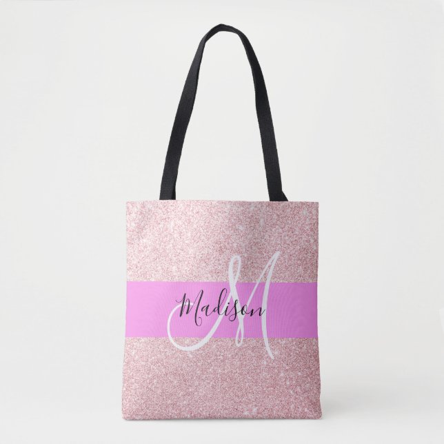 Glam  Gnistra Monogram för Rosa ros Guld Glitter Tygkasse (Framsida)