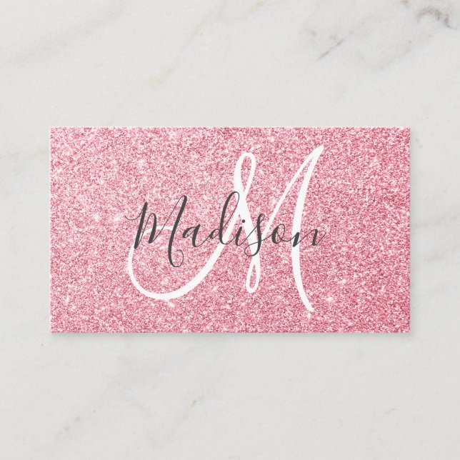 Glam  Gnistra Monogram för Rosa ros Guld Glitter Visitkort (Framsida)