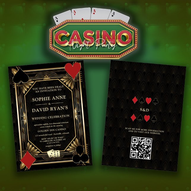 Glam Gold Art Deco Casino QR Code Poker Bröllop Inbjudningar (casino Las Vegas wedding invitation, trendy elegant gold black wedding invite, Art Deco vegas invite)