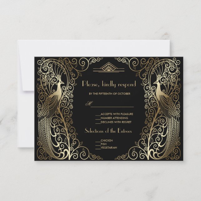 Glam Gold Art Deco Påfåglar Bröllops RSVP OSA Kort (Framsida)