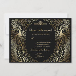 Glam Gold Art Deco Påfåglar Senior Bröllop RSVP OSA Kort