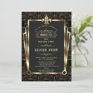 Glam Gold Black Gatsby Roaring 20s Senior PROM Inbjudningar