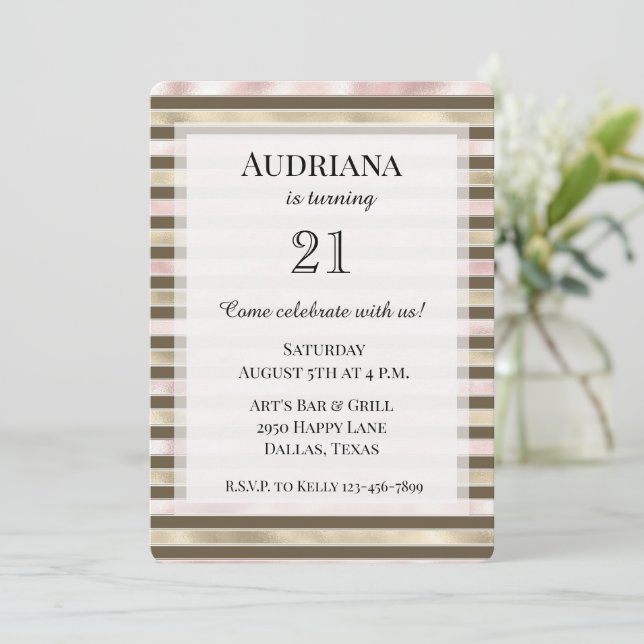 Glam Gold Blush Pink Brown Stripes Birthday Inbjudningar (Stående Fram)