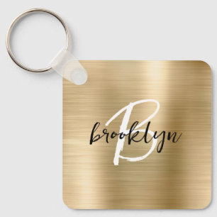 Glam Gold Borstad Metall Monogram  Nyckelring