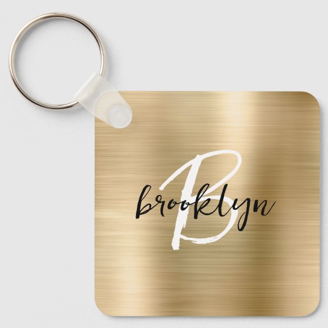 Glam Gold Borstad Metall Monogram  Nyckelring (Framsida)