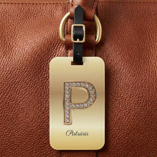Glam Gold Diamant Monogram Initialbokstav P Bagagebricka (Skapare uppladdad)