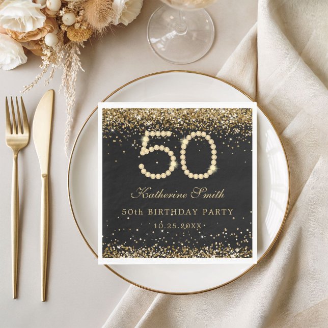 Glam Gold Diamonds 50-årsfest  Pappersservett (Gold Diamonds 50th Birthday Party Napkins)