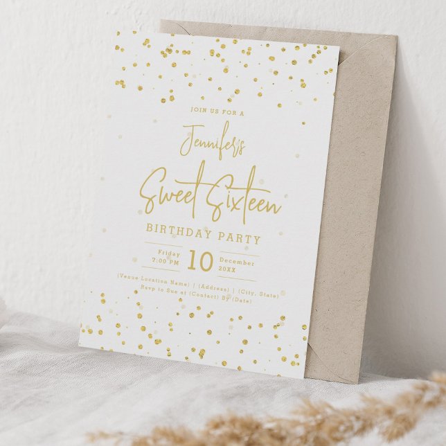 Glam Gold Fals Folie Prickar Söt 16 Fests Inbjudningar (Glam Gold Faux Foil Dots Sweet 16 Party Invitation)