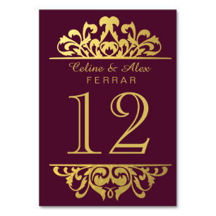 Glam Gold Foil Flourish Bordsnummers äggplanta Bordsnummer