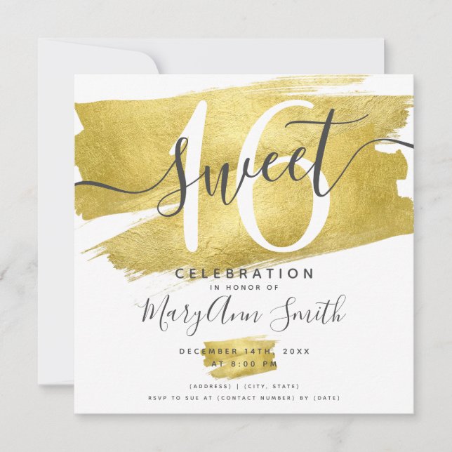 Glam Gold Foil Paint Sweet 16:e födelsedagen Inbjudningar (Framsida)