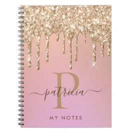 Glam Gold Glitter Drips Elegant Monogram Antecknin Anteckningsbok