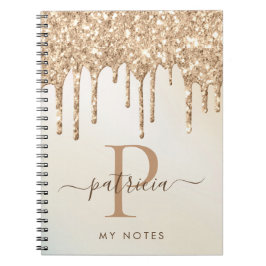 Glam Gold Glitter Drips Elegant Monogram Antecknin Anteckningsbok