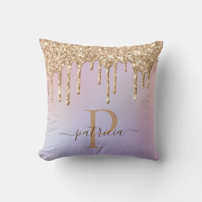 Glam Gold Glitter Drips Elegant Monogram Kastdyna Kudde (Framsida)