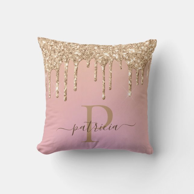 Glam Gold Glitter Drips Elegant Monogram Kastkudde Kudde (Framsida)