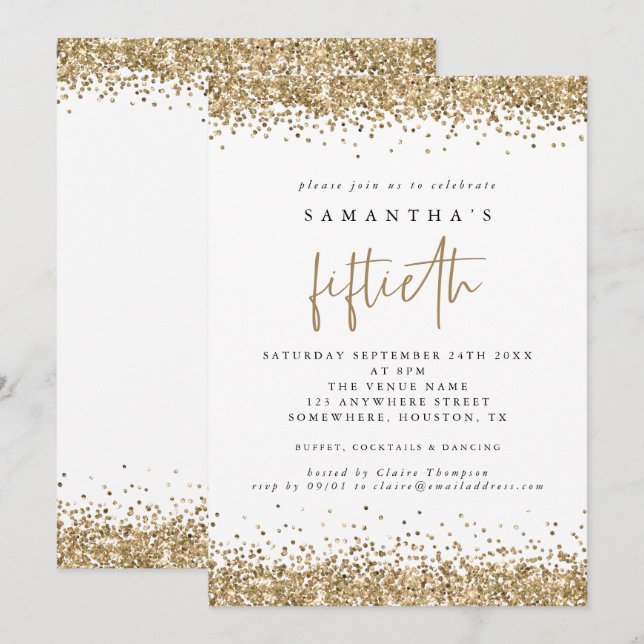 Glam Gold Glitter Fiftieth Party White Inbjudningar (Fram/baksida)