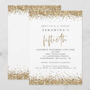 Glam Gold Glitter Fiftieth Party White Inbjudningar