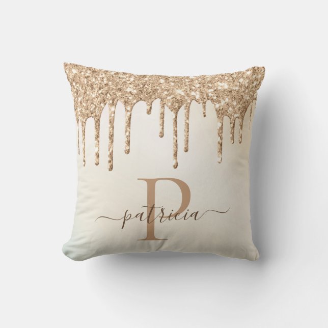Glam Gold Glitterdroppar Elegant Monogram Kudde (Framsida)