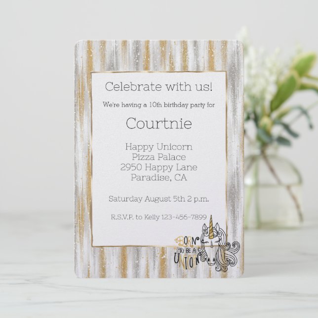 Glam Gold Glitzy Glitter Silver Unicorn Birthday Inbjudningar (Stående Fram)