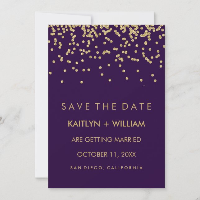 Glam Gold Konfetti och djup lila Save the Date Spara Datumet (Framsida)