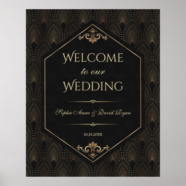 Glam Gold Svart Stor Gatsby Bröllops Välkomstskylt Poster (Framsidan)