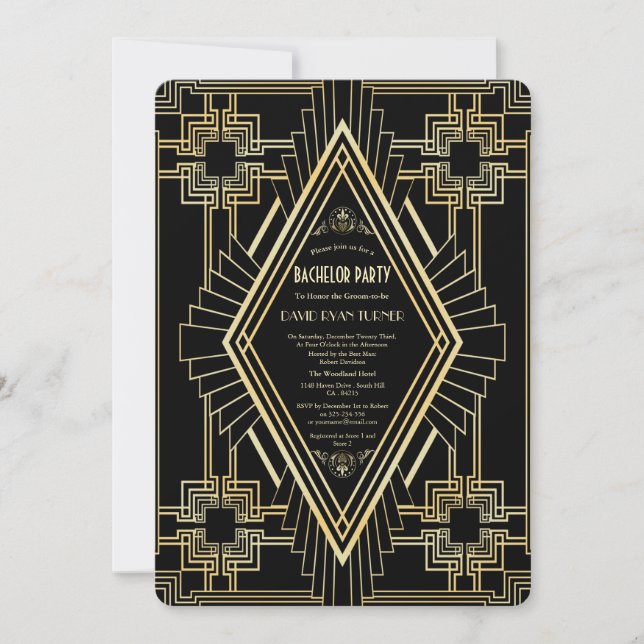 Glam Gold Svart Stor Gatsby Speningsfest Inbjudningar (Framsida)