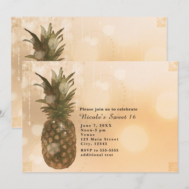 Glam Golden Pineapple Elegant Tropical Investigati Inbjudningar (Fram/baksida)