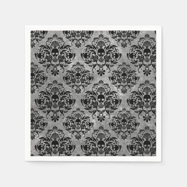 Glam Goth Mini Skull Damask Pattern Black Grått Pappersservett (Framsidan)