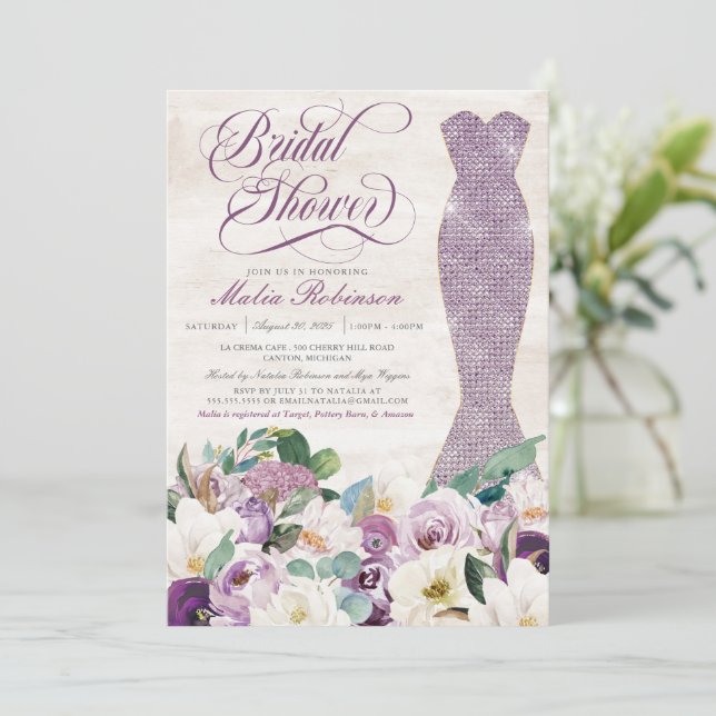 Glam Gown Rustic Blommigt Lavender Möhippa Inbjudningar (Stående Fram)