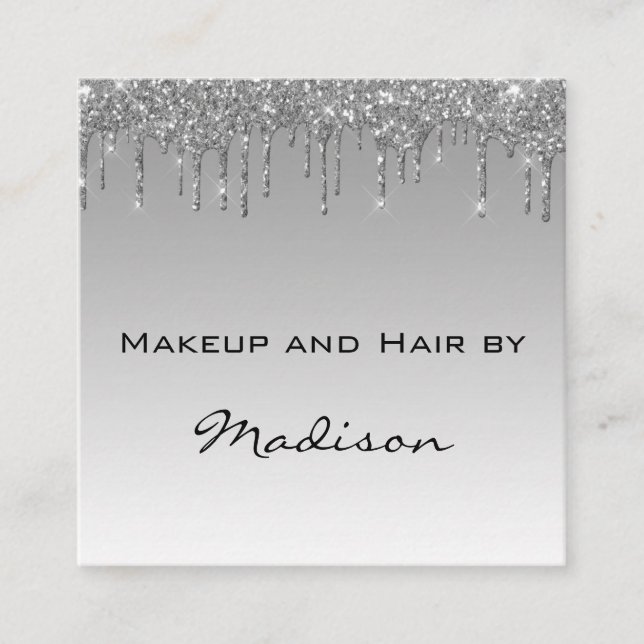 Glam Grå Silver Glitterdroppar Makeup Artist Fyrkantigt Visitkort (Framsida)