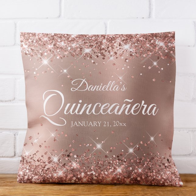 Glam Gradient Quinceañera 15 i Glittery Ro Guld Kudde (Glittery Rose Gold Glam Gradient Quinceañera 15 Throw Pillow)