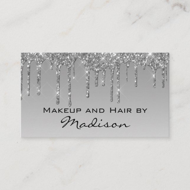 Glam Grått Silver Glitter Drips Makeup Artist Visitkort (Framsida)