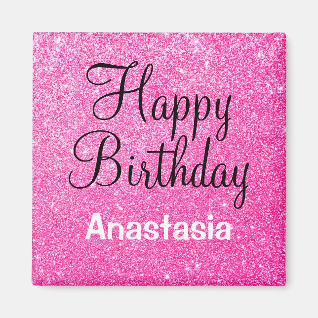 Glam Grattis på födelsedagen Shock rosa Glitter Gn Magnet (Framsidan)