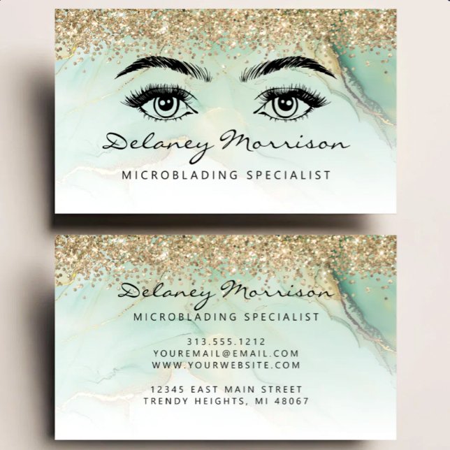 Glam Green Marmor Guld Glitter Ögon Microblading Visitkort (Skapare uppladdad)