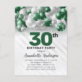 Glam Green Silver Ballong Glitter 30-årsdag  Vykort