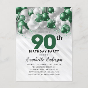 Glam Green Silver Ballong Glitter 90-årsdag Vykort