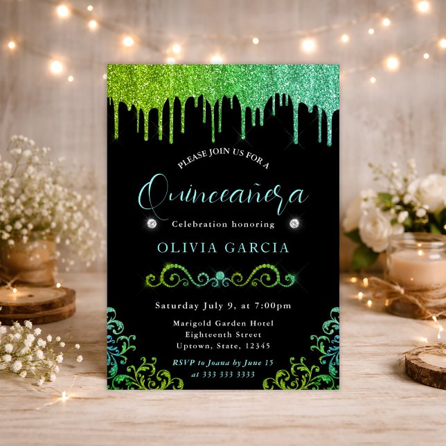 Glam grön och blå gradient glitter Quinceanera Inbjudningar (Skapare uppladdad)