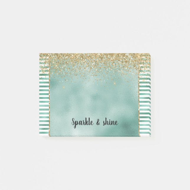 Glam Grön Vita Ränder Guld Glitter Post-it Block (Framsida)