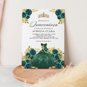 Glam Grönt Dress Blommigt 15th Quinceañera Inbjudningar