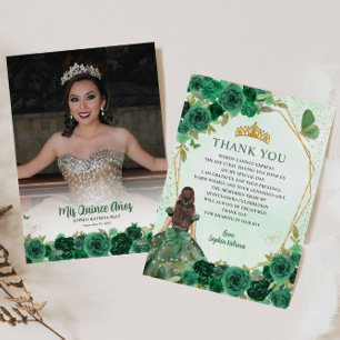 Glam Grönt Guld Blommigt Princess Quinceañera Phot Tack Kort