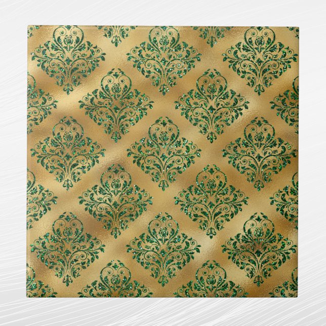Glam Grönt Guld Damask Pattern Kakelplatta (Skapare uppladdad)