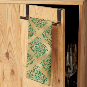 Glam Grönt Guld Damask Pattern Kökshandduk