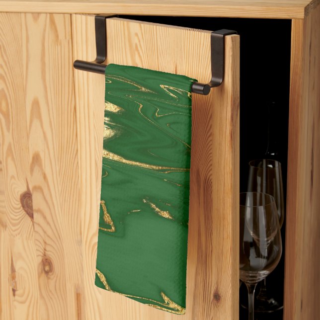Glam Grönt Guld Faux Marble Kökshandduk (Thirds Fold)
