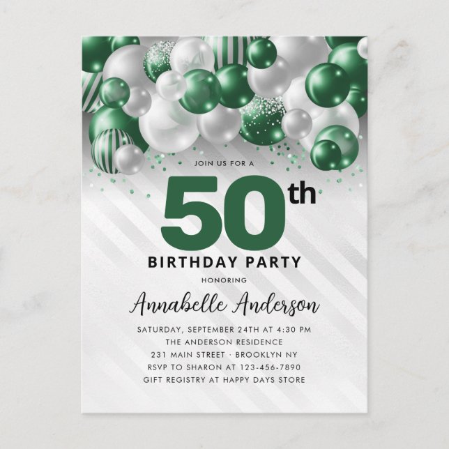 Glam Grönt Silver Balloon Glitter 50:e födelsedage Vykort (Framsida)