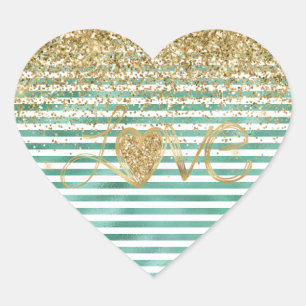 Glam Grönt White Rand Guld Glitter Heart Kärlek Hjärtformat Klistermärke