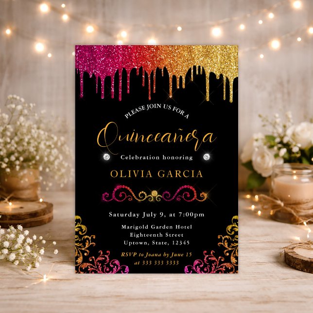 Glam Gul och Rosa Gradient Glitter Quinceanera Inbjudningar (Skapare uppladdad)