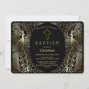 Glam Guld Art Deco Peacocks Baptism Inbjudningar