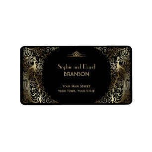 Glam Guld Art Deco Peacocks Bröllop Adressetikett